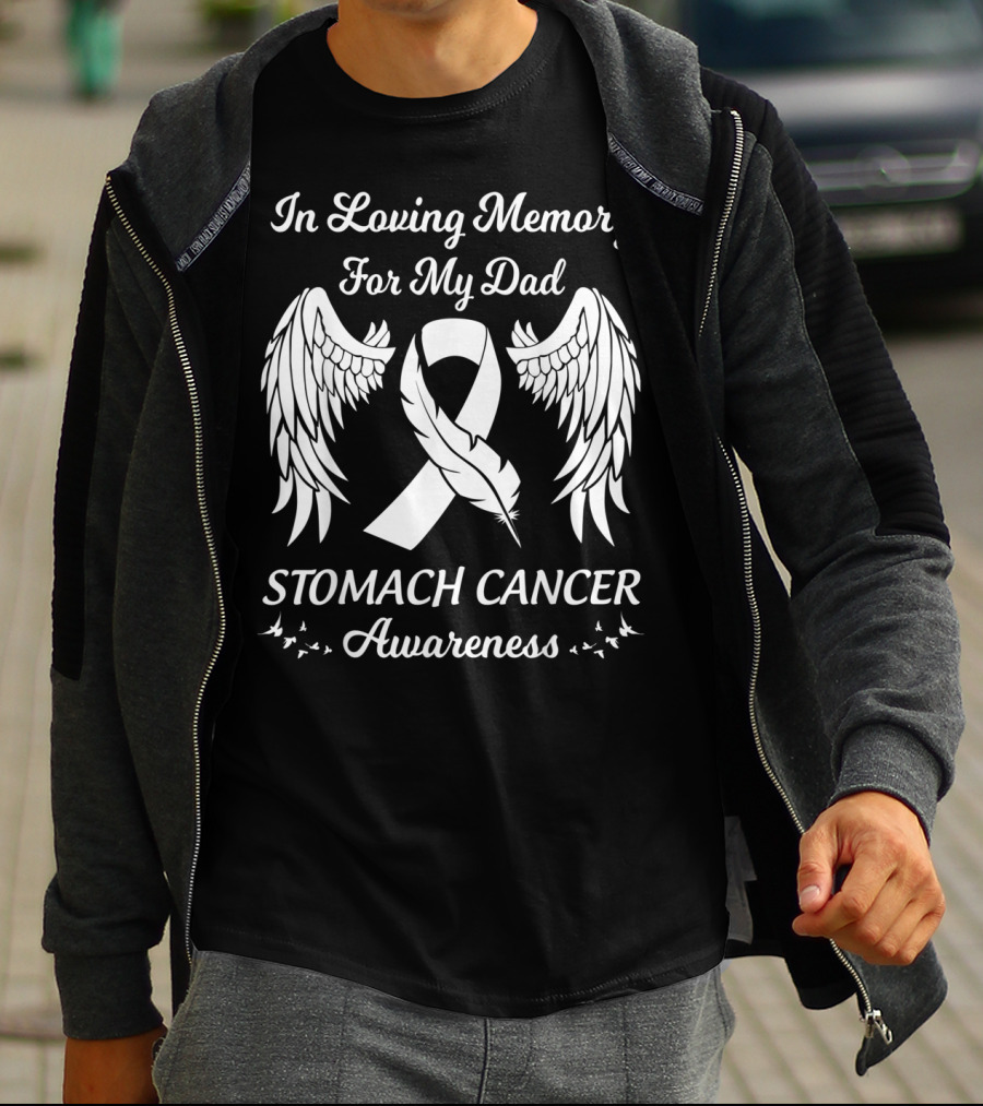 In Loving Memory For My Dad Stomach Cancer Awareness Wings Ribbon Feathers T-Shirt
