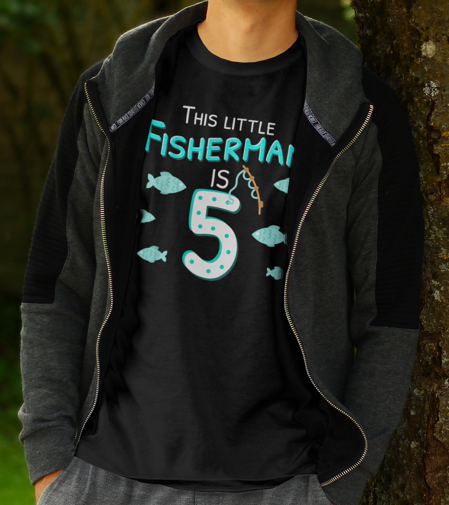 This Little Fisherman Is 5 Fishing Birthday Boys 5th T-Shirt
