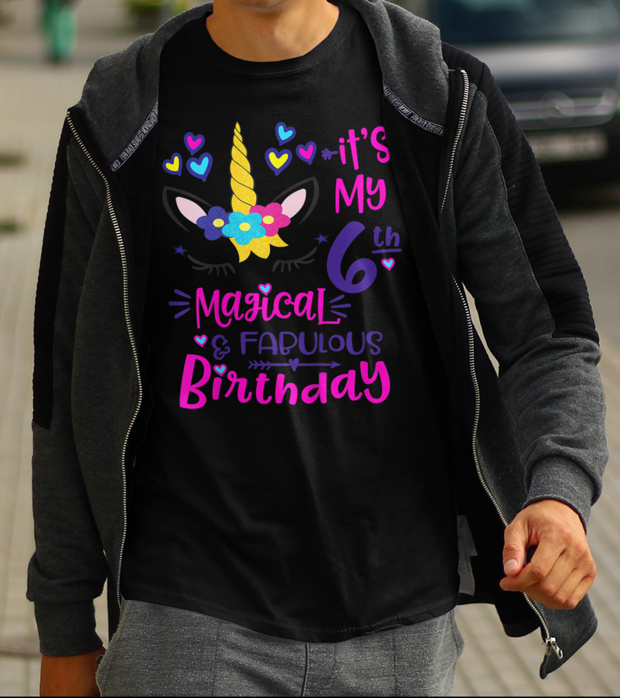 It's My 6th Magical Fabulous Birthday Unicorn Hearts T-Shirt