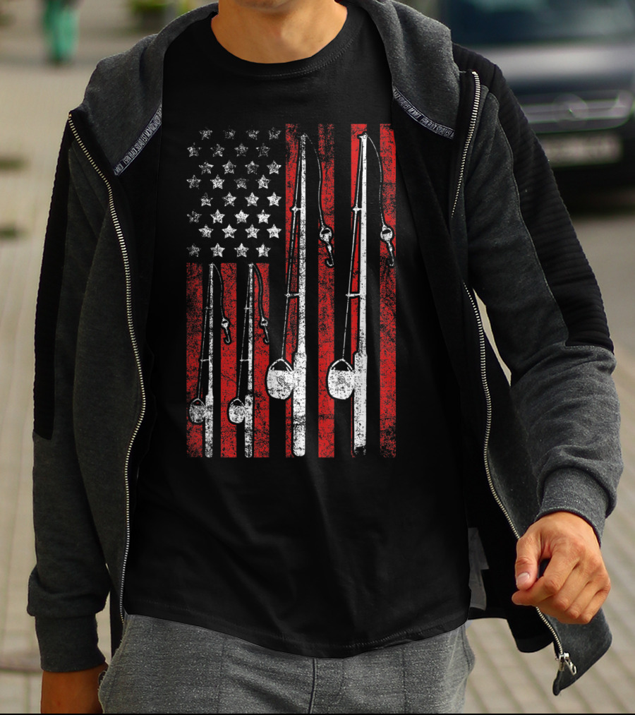 Vintage American Flag Fishing Poles T-Shirt