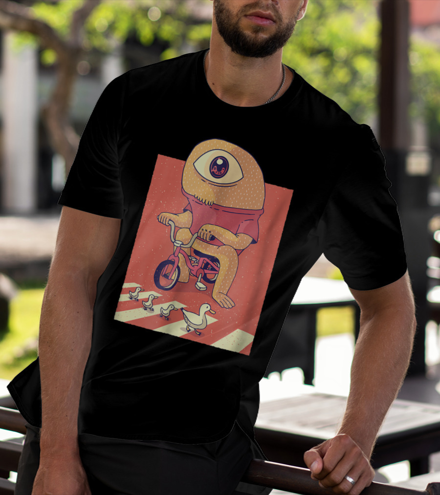 Vintage Japanese Cyclops Riding Bicycle With Ducklings Crossing T-Shirt
