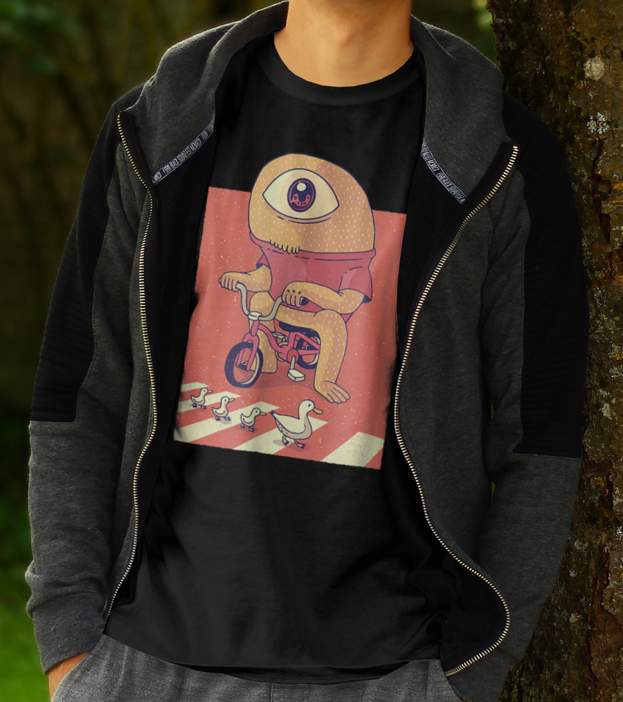 Vintage Japanese Cyclops Riding Bicycle With Ducklings Crossing T-Shirt