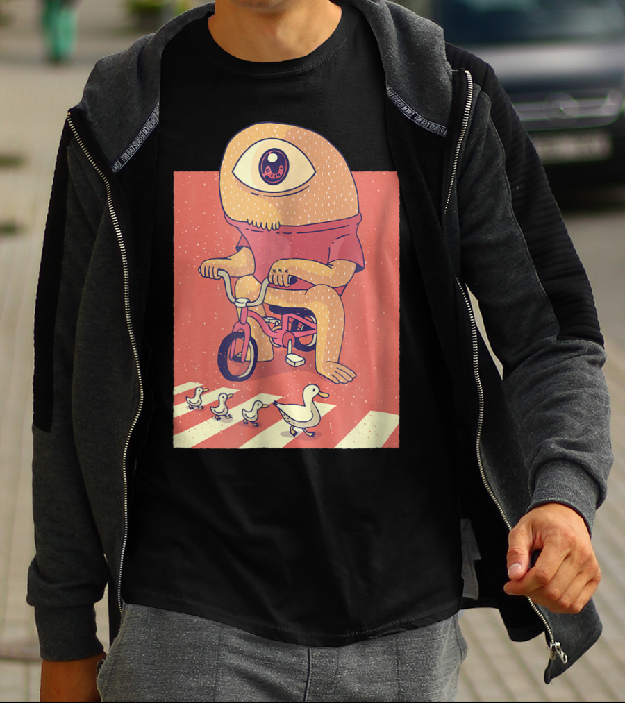 Vintage Japanese Cyclops Riding Bicycle With Ducklings Crossing T-Shirt