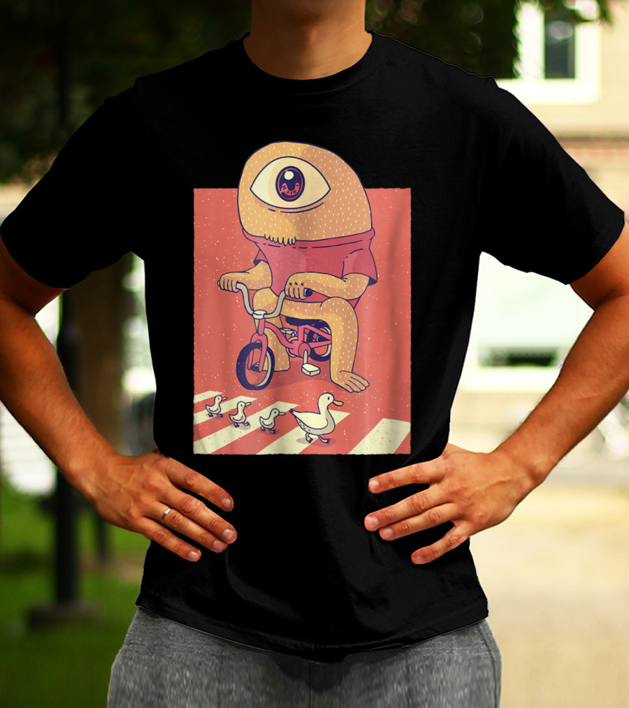 Vintage Japanese Cyclops Riding Bicycle With Ducklings Crossing T-Shirt