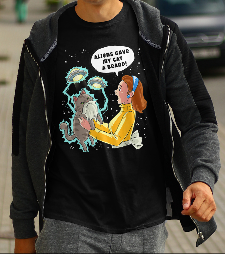 Aliens Gave My Cat A Beard UFO Encounter With Surprised Woman In Space T-Shirt