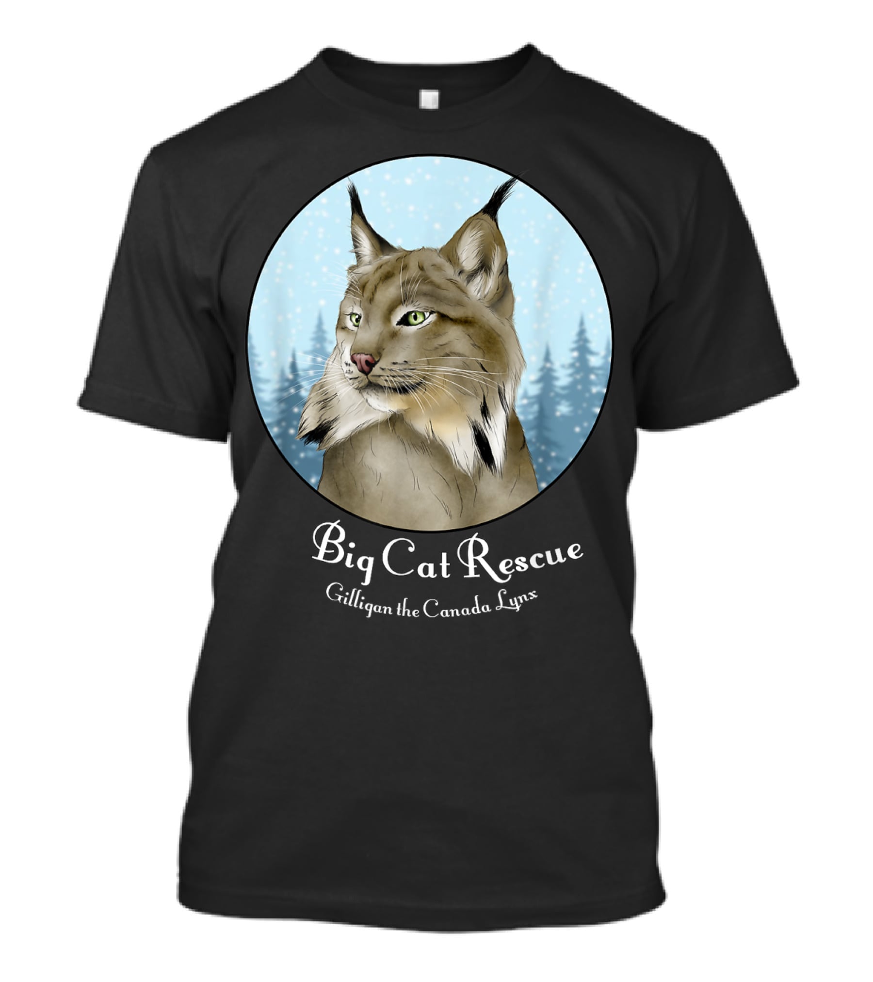 Big Cat Rescue Gilligan The Canada Lynx Snowy Forest Background T-Shirt