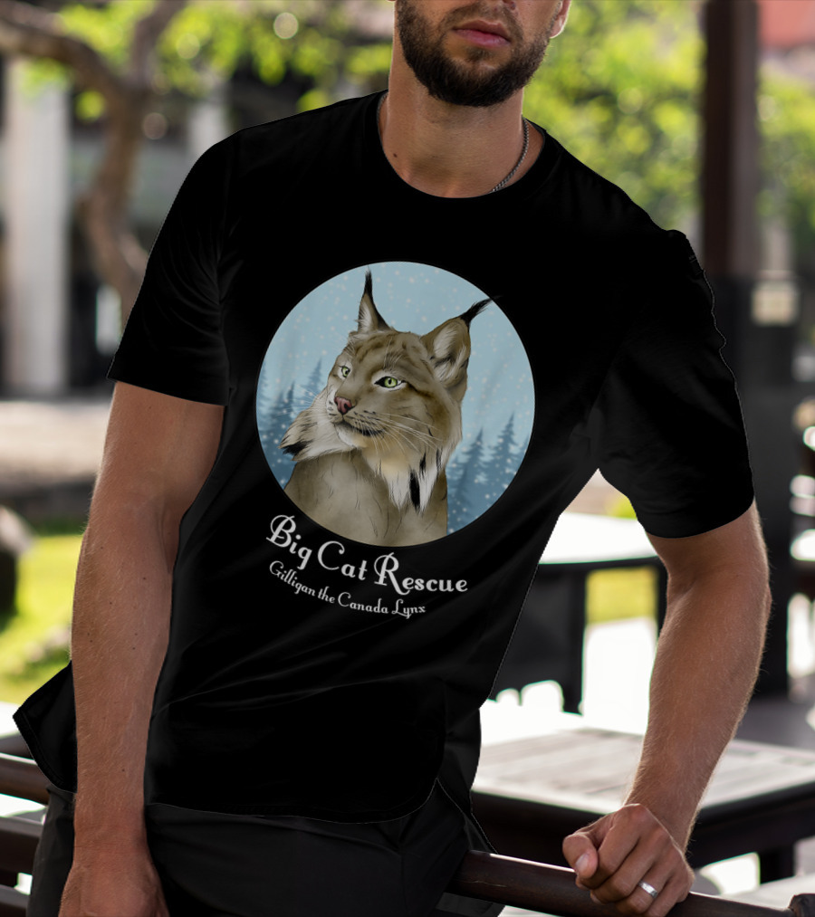 Big Cat Rescue Gilligan The Canada Lynx Snowy Forest Background T-Shirt