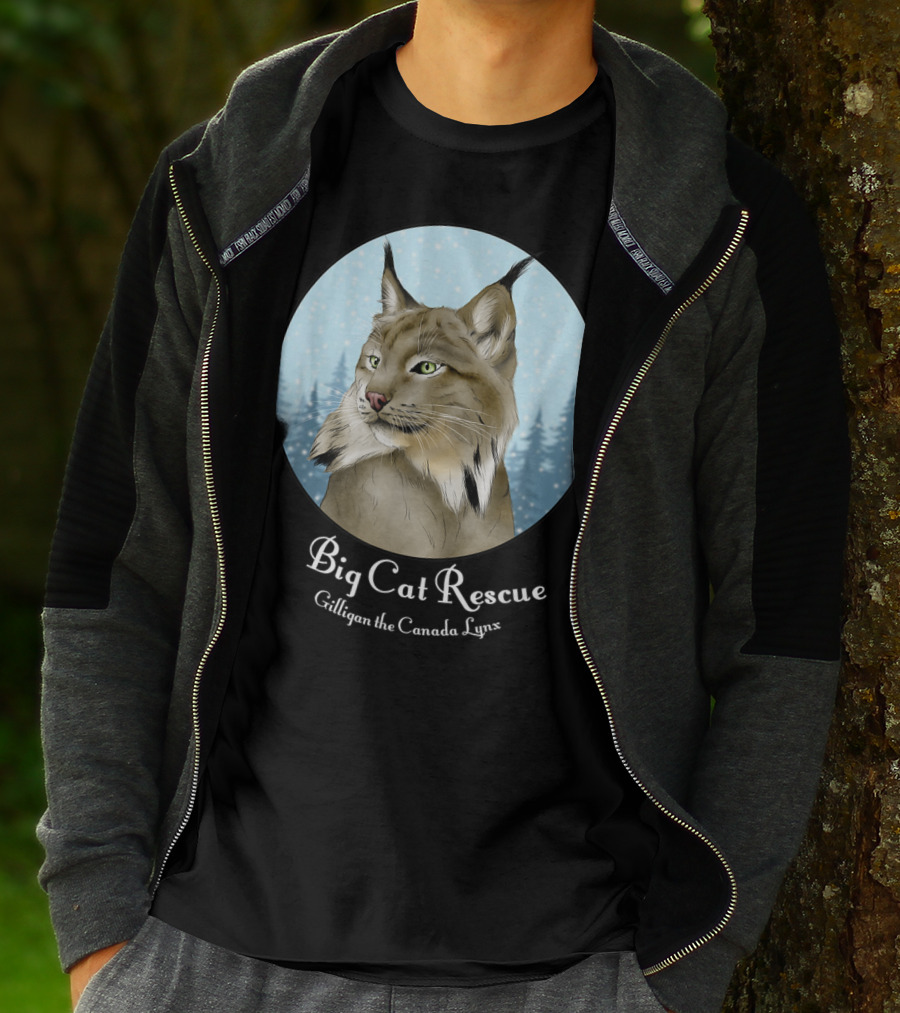 Big Cat Rescue Gilligan The Canada Lynx Snowy Forest Background T-Shirt