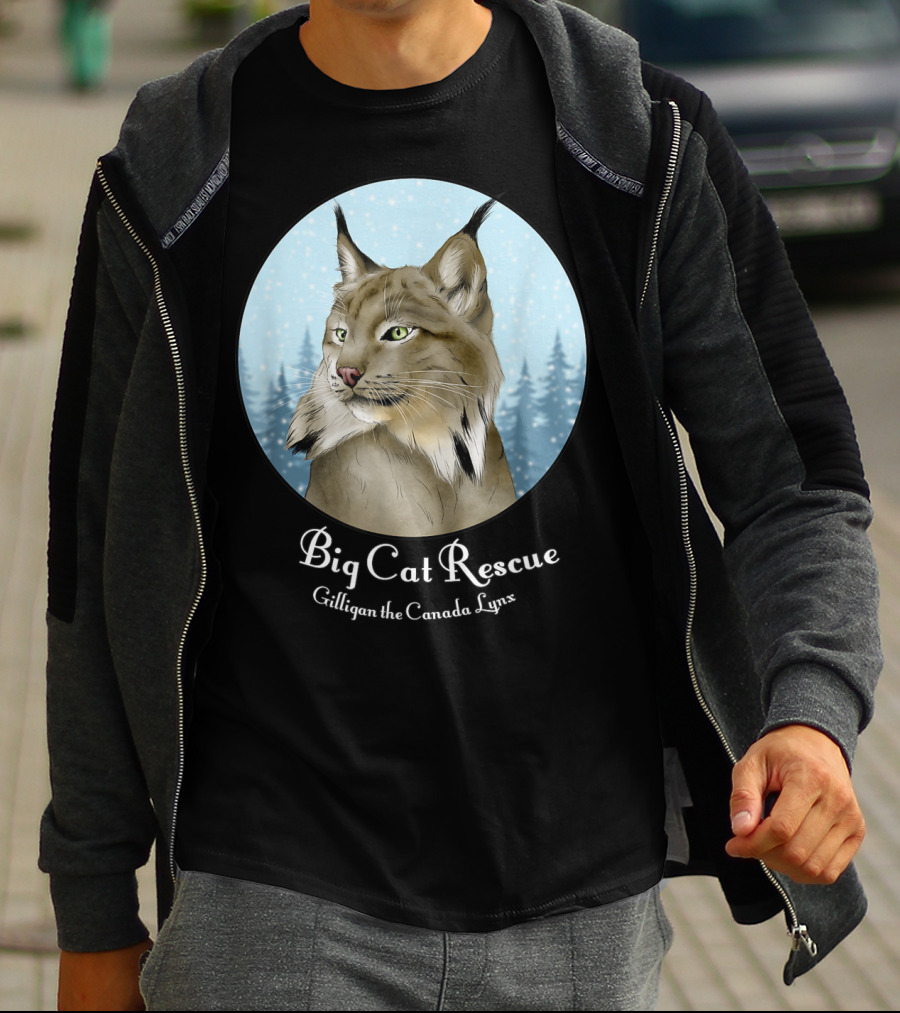 Big Cat Rescue Gilligan The Canada Lynx Snowy Forest Background T-Shirt
