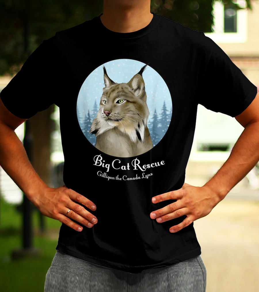 Big Cat Rescue Gilligan The Canada Lynx Snowy Forest Background T-Shirt