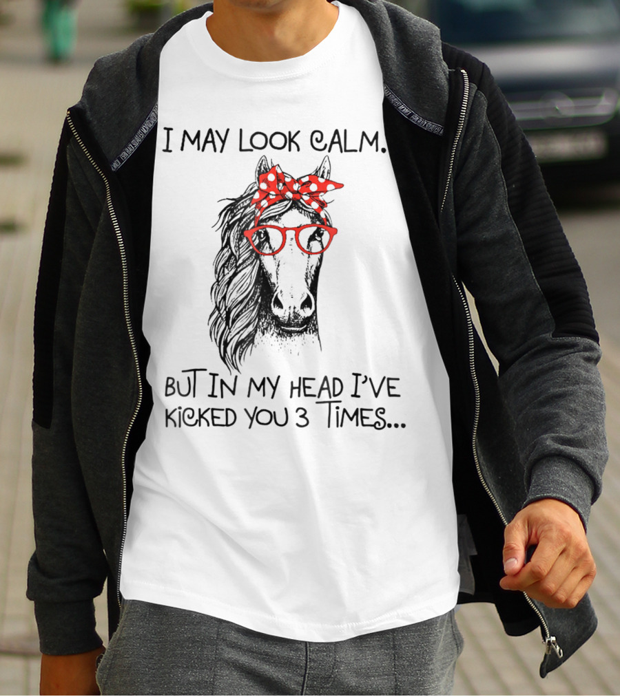 I May Look Calm But In My Head I've Kicked You 3 Times Horse With Red Glasses And Bandana T-Shirt