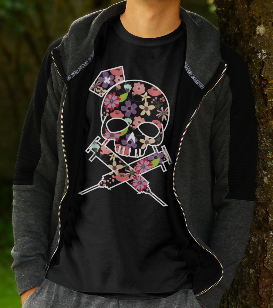 I'll Stab You Nurse Skull Medical Flowers T-Shirt