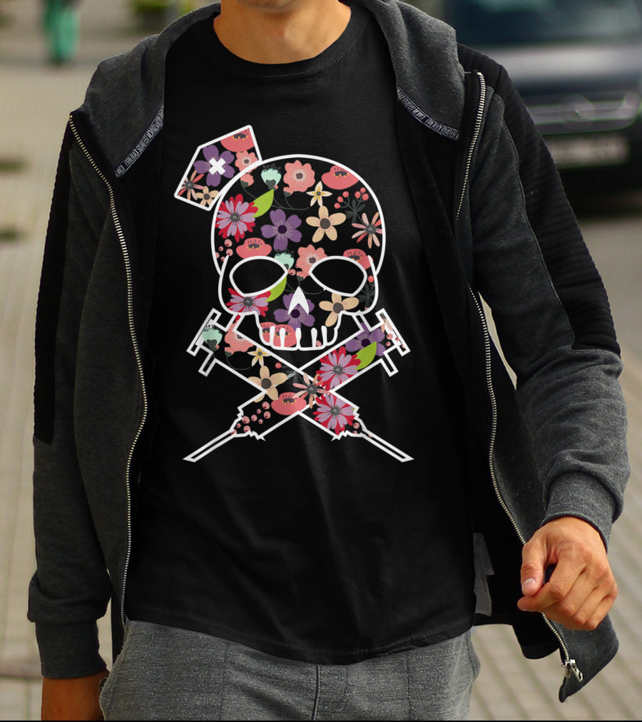 I'll Stab You Nurse Skull Medical Flowers T-Shirt