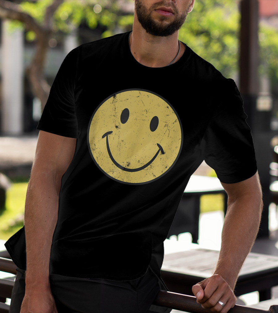 Retro 70s Smiley Face Distressed Yellow T-Shirt