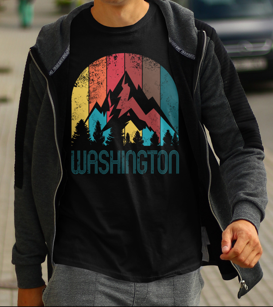 Washington Retro Mountain Landscape Forest Silhouette Vintage Multicolor Stripes T-Shirt