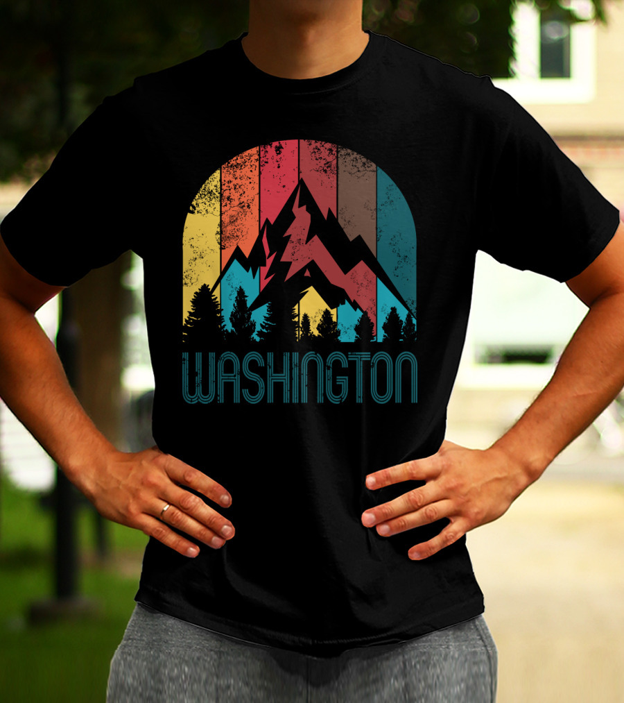 Washington Retro Mountain Landscape Forest Silhouette Vintage Multicolor Stripes T-Shirt