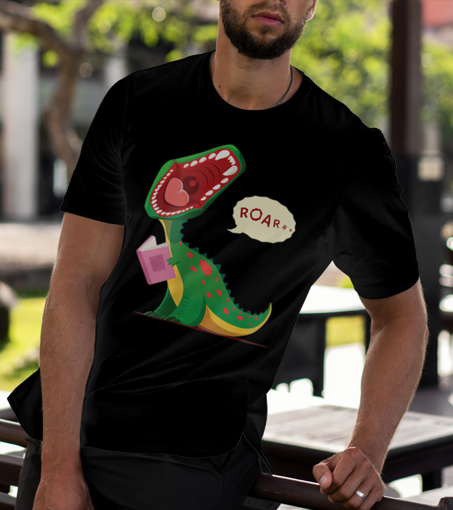 Roar Trex Dinosaur Holding Pink Book And Heart Inside Mouth T-Shirt