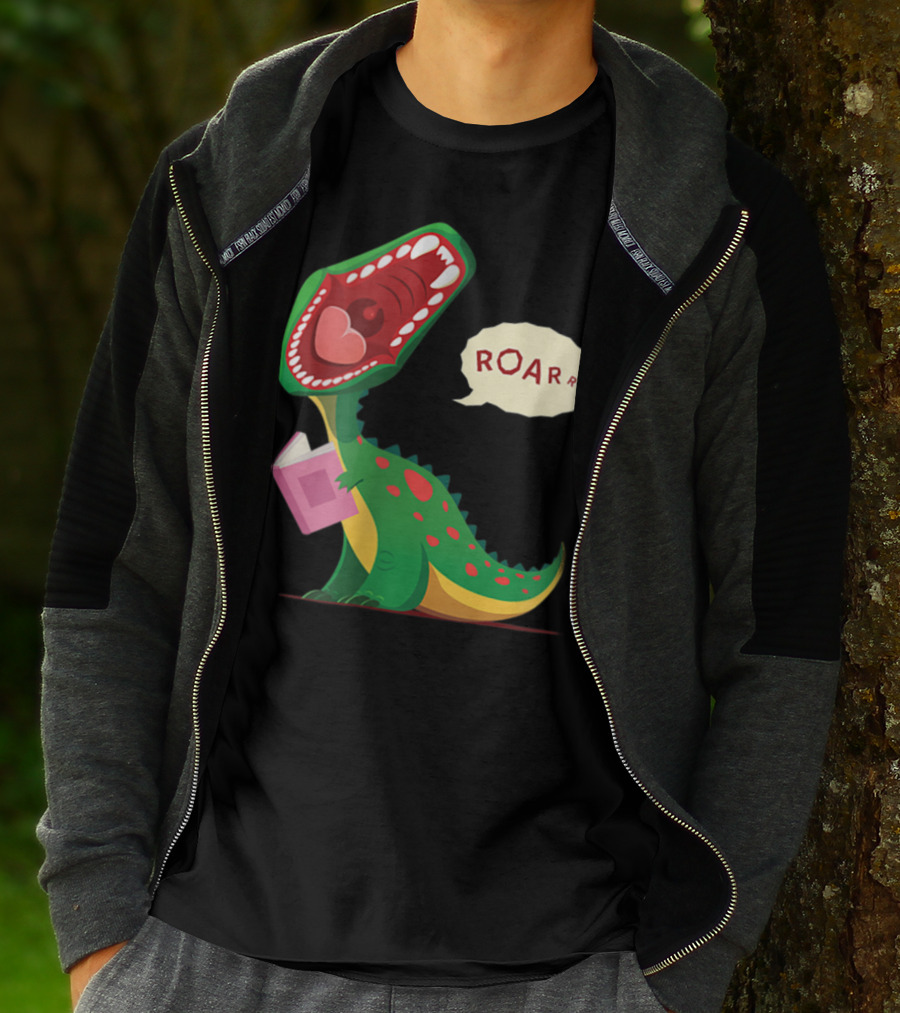 Roar Trex Dinosaur Holding Pink Book And Heart Inside Mouth T-Shirt