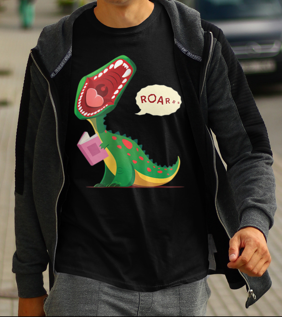 Roar Trex Dinosaur Holding Pink Book And Heart Inside Mouth T-Shirt