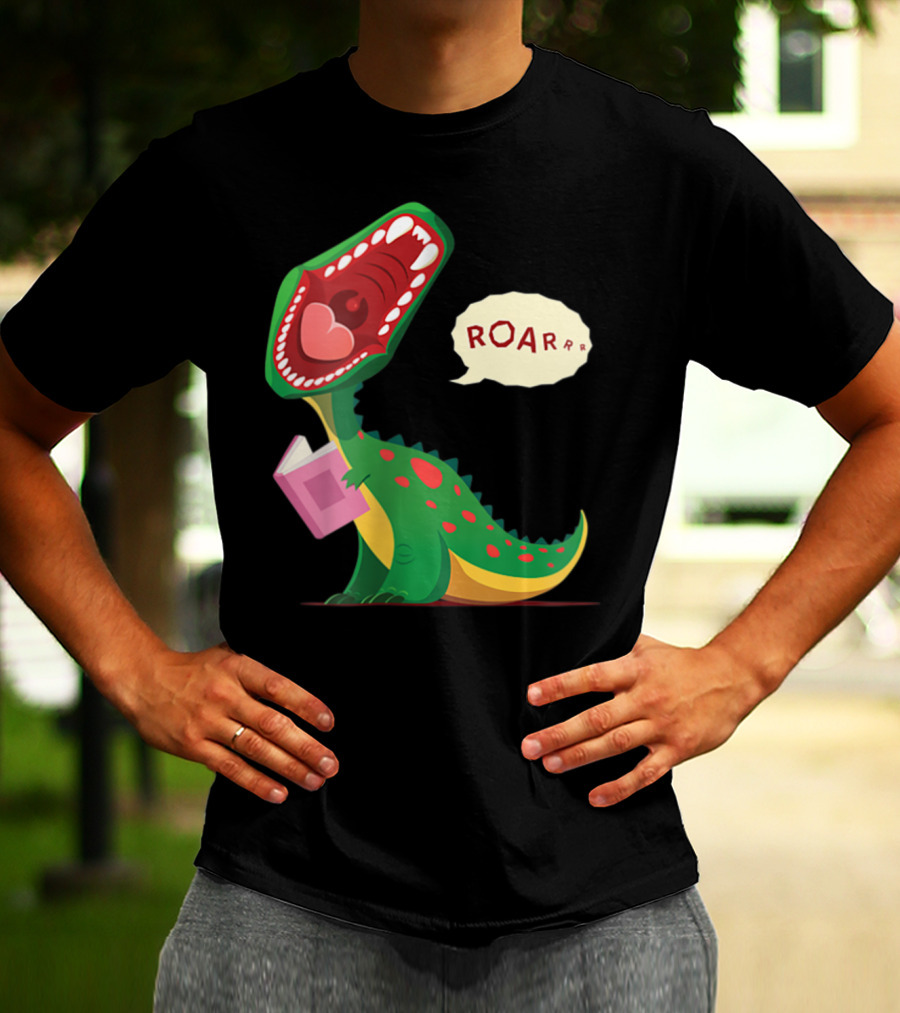 Roar Trex Dinosaur Holding Pink Book And Heart Inside Mouth T-Shirt