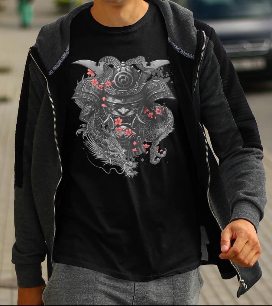Samurai Warrior Dragon Cherry Blossoms Japanese Bushido Knight T-Shirt