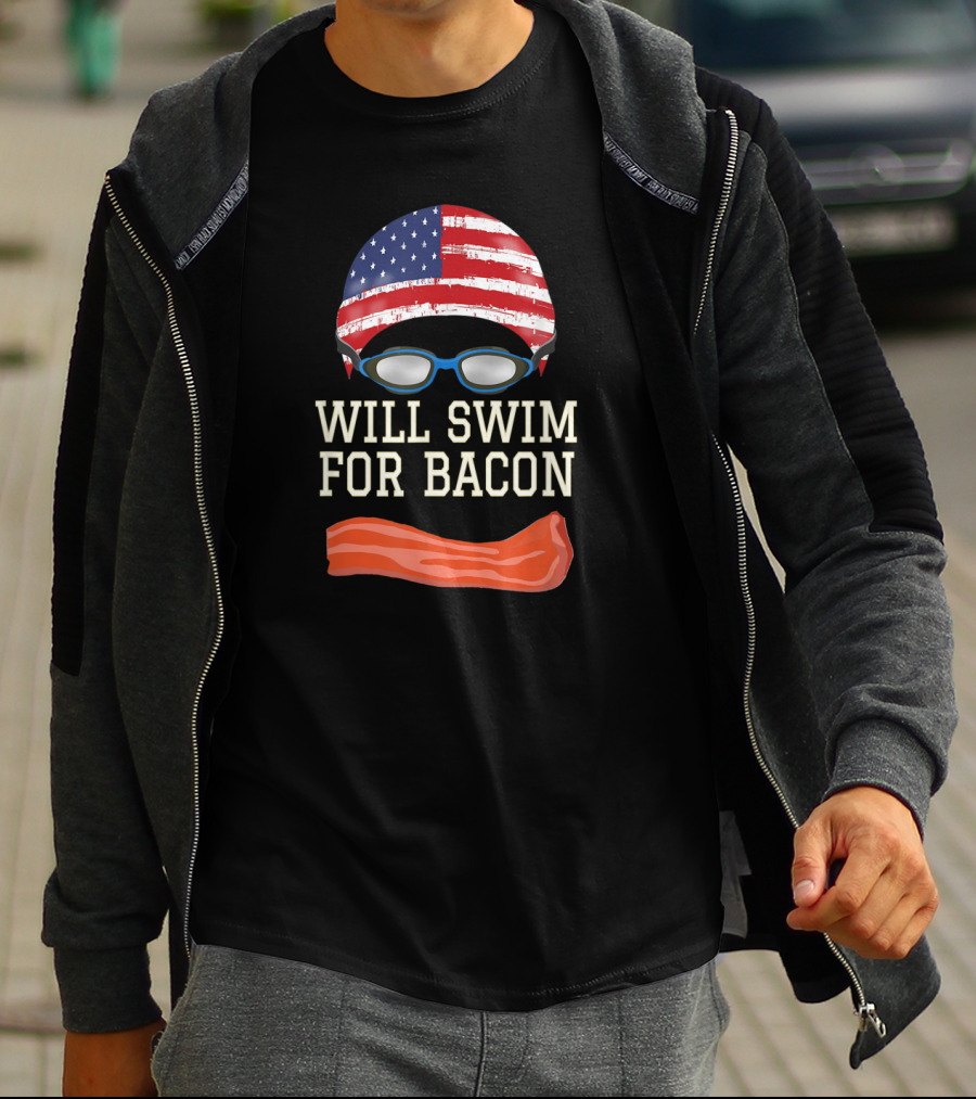 Will Swim For Bacon Funny Swimming Goggles Cap USA Flag T-Shirt