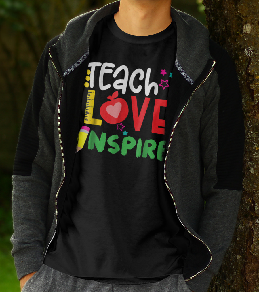 Teach Love Inspire Teacher Teaching For Me Ruler Apple Pencil Stars T-Shirt