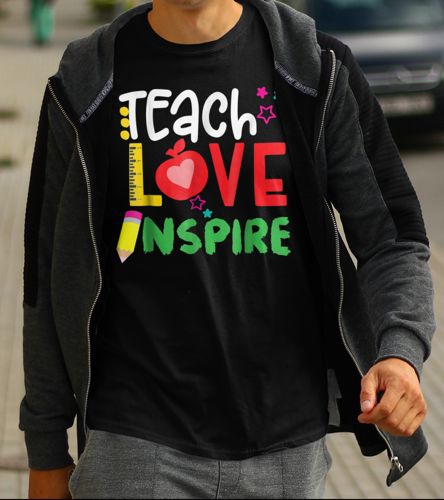 Teach Love Inspire Teacher Teaching For Me Ruler Apple Pencil Stars T-Shirt