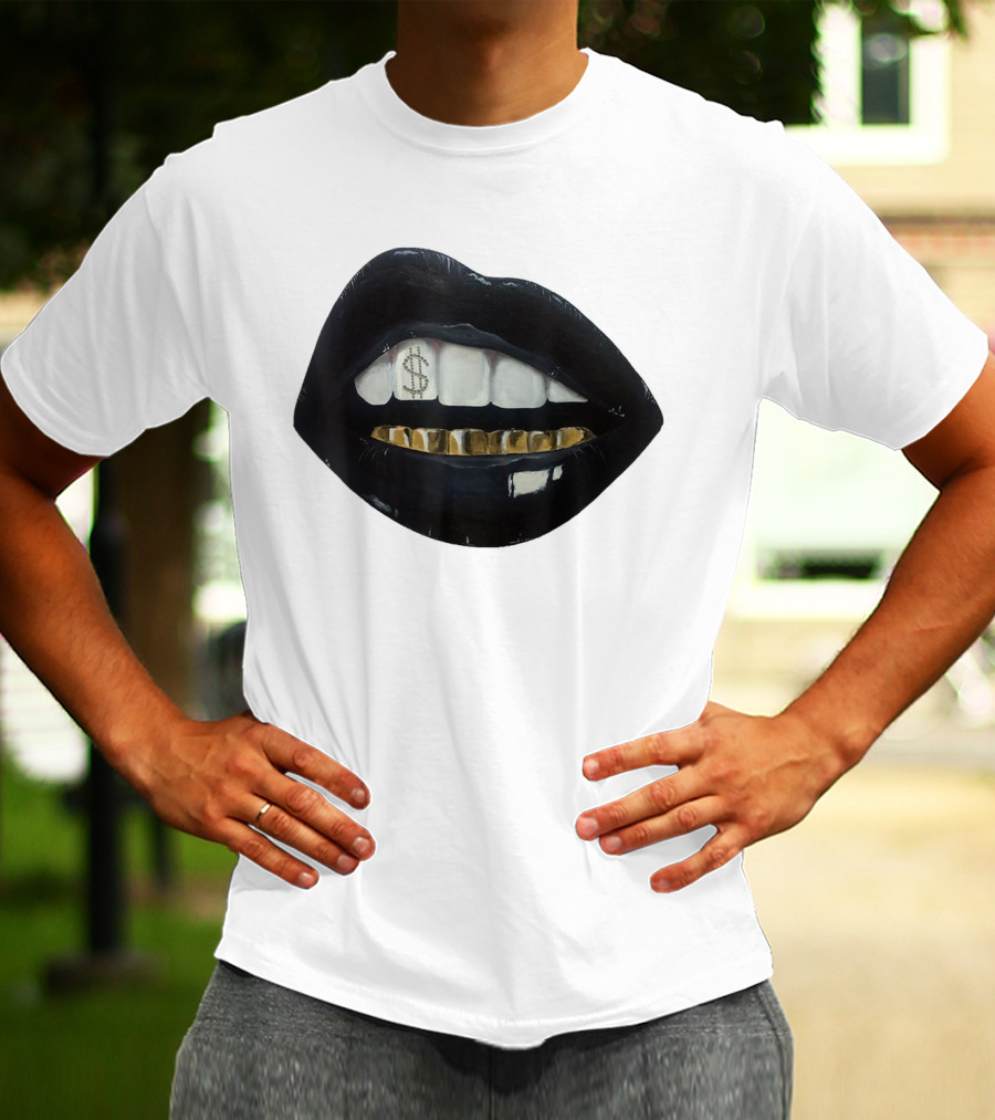 Red Black Lips Gold Teeth Dollar Smile T-Shirt