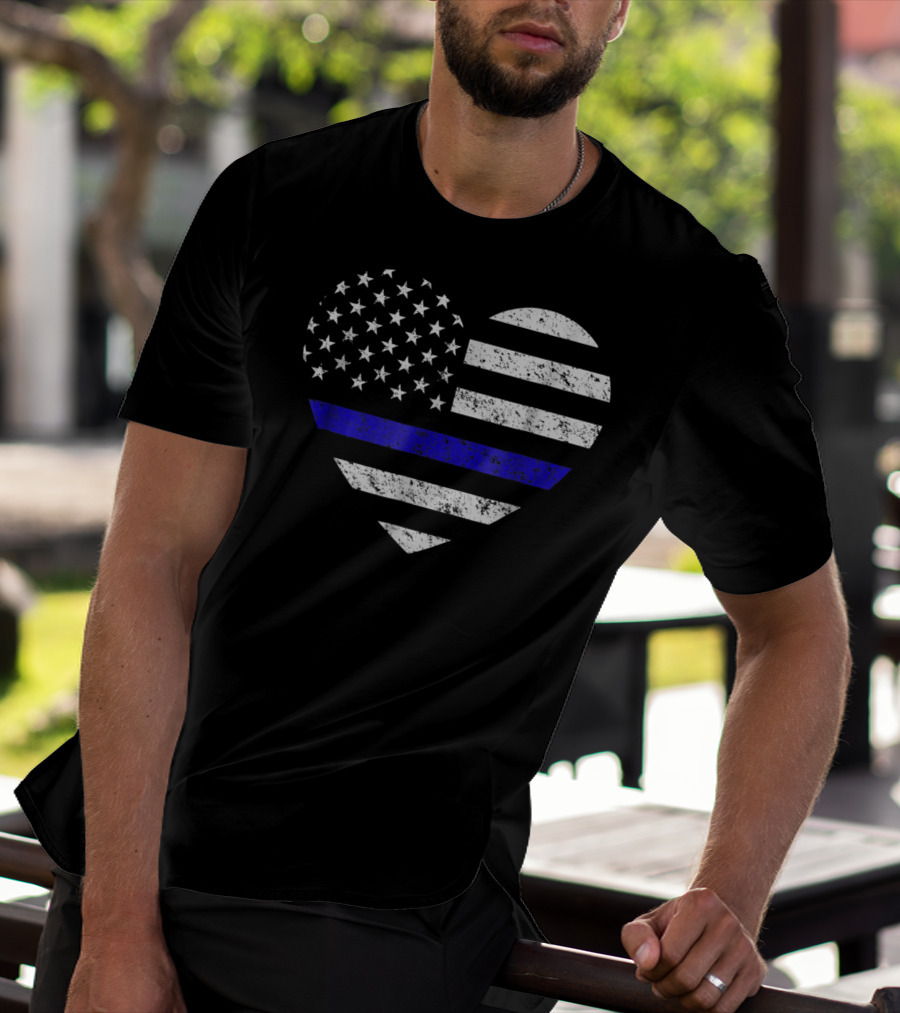Thin Blue Line American Flag Heart Police Support T-Shirt