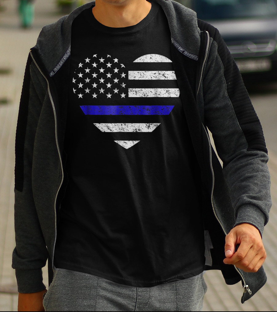Thin Blue Line American Flag Heart Police Support T-Shirt