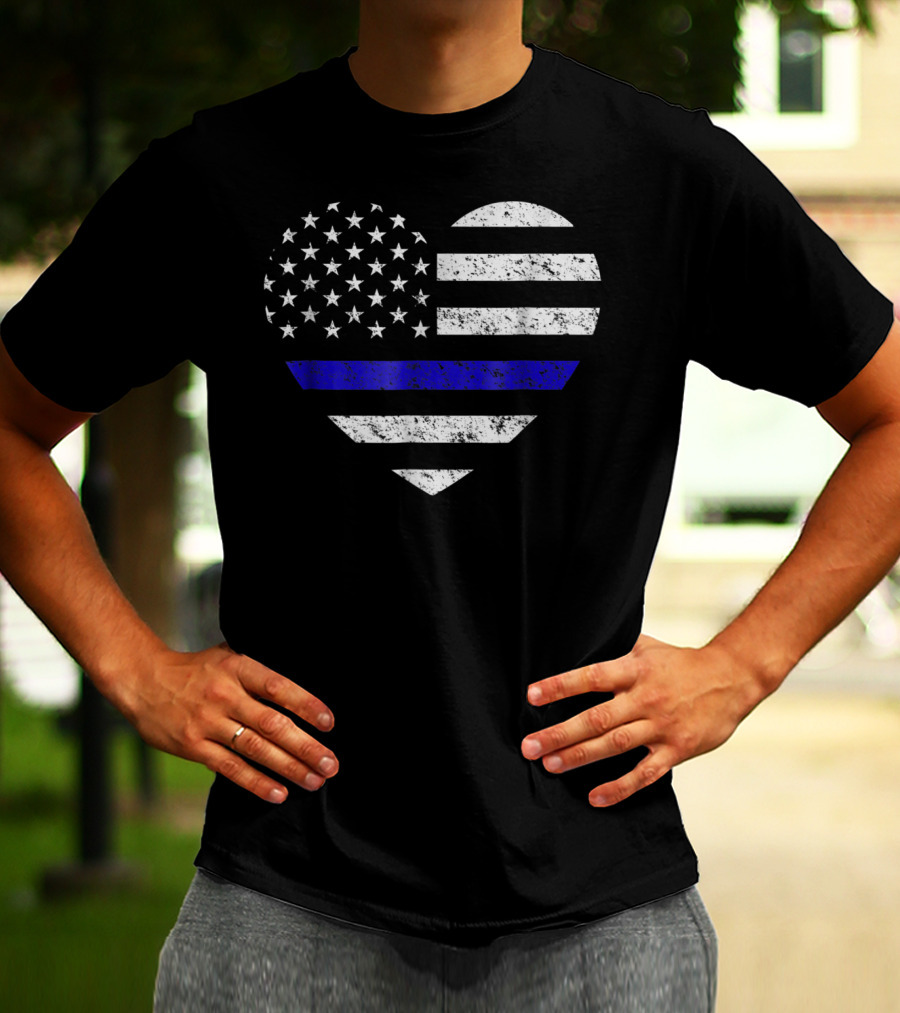 Thin Blue Line American Flag Heart Police Support T-Shirt