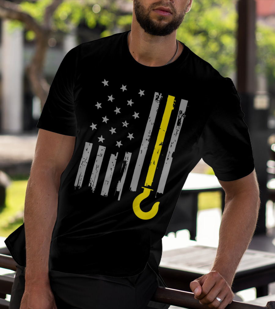 Tow Truck Driver American Flag Yellow Line Hook T-Shirt