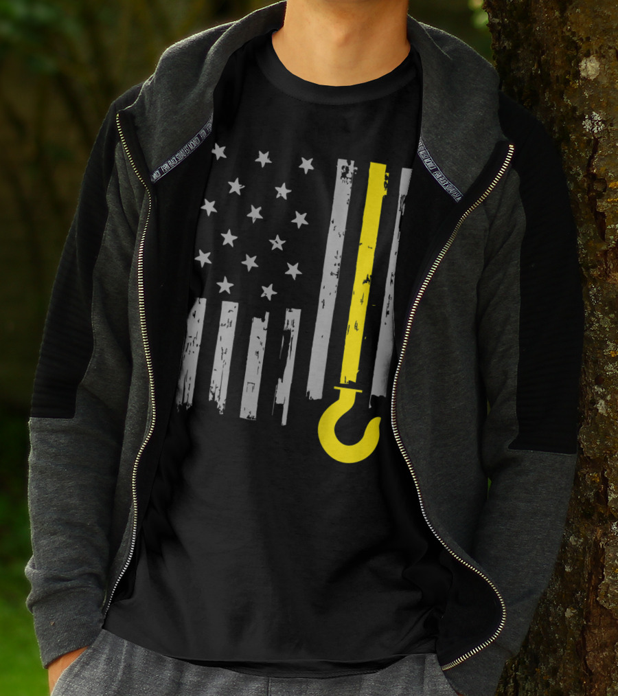 Tow Truck Driver American Flag Yellow Line Hook T-Shirt