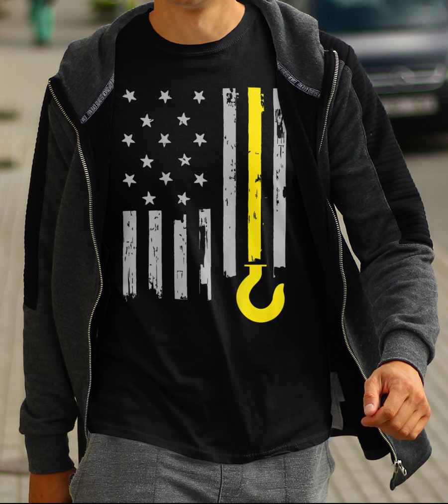 Tow Truck Driver American Flag Yellow Line Hook T-Shirt