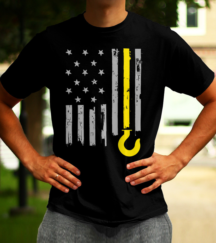 Tow Truck Driver American Flag Yellow Line Hook T-Shirt