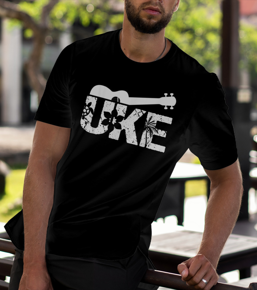 Uke Hawaiian Ukulele Guitar Music With Floral And Palm T-Shirt