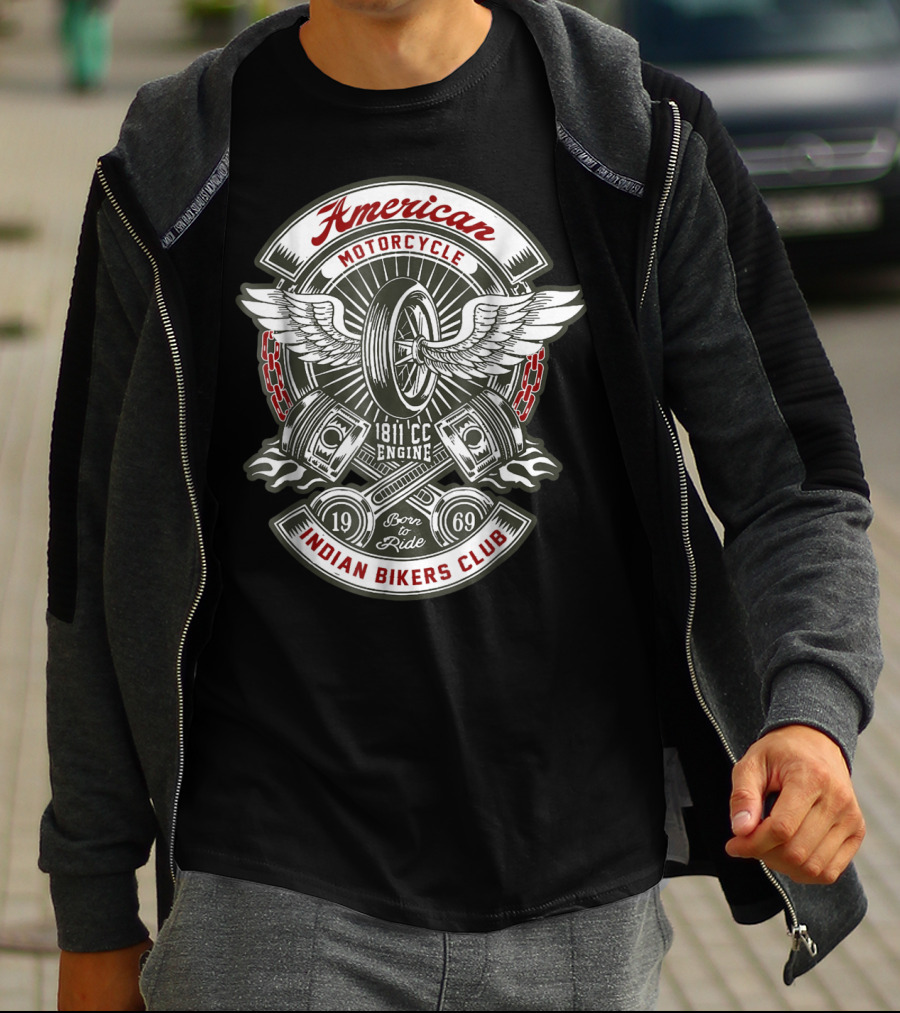 American Motorcycle Indian Bikers Club 1811 CC Engine Born To Ride 1969 T-Shirt
