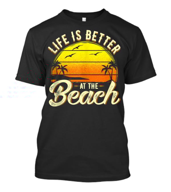 Life Is Better At The Beach Tropical Sunset With Palm Trees And Seagulls T-Shirt