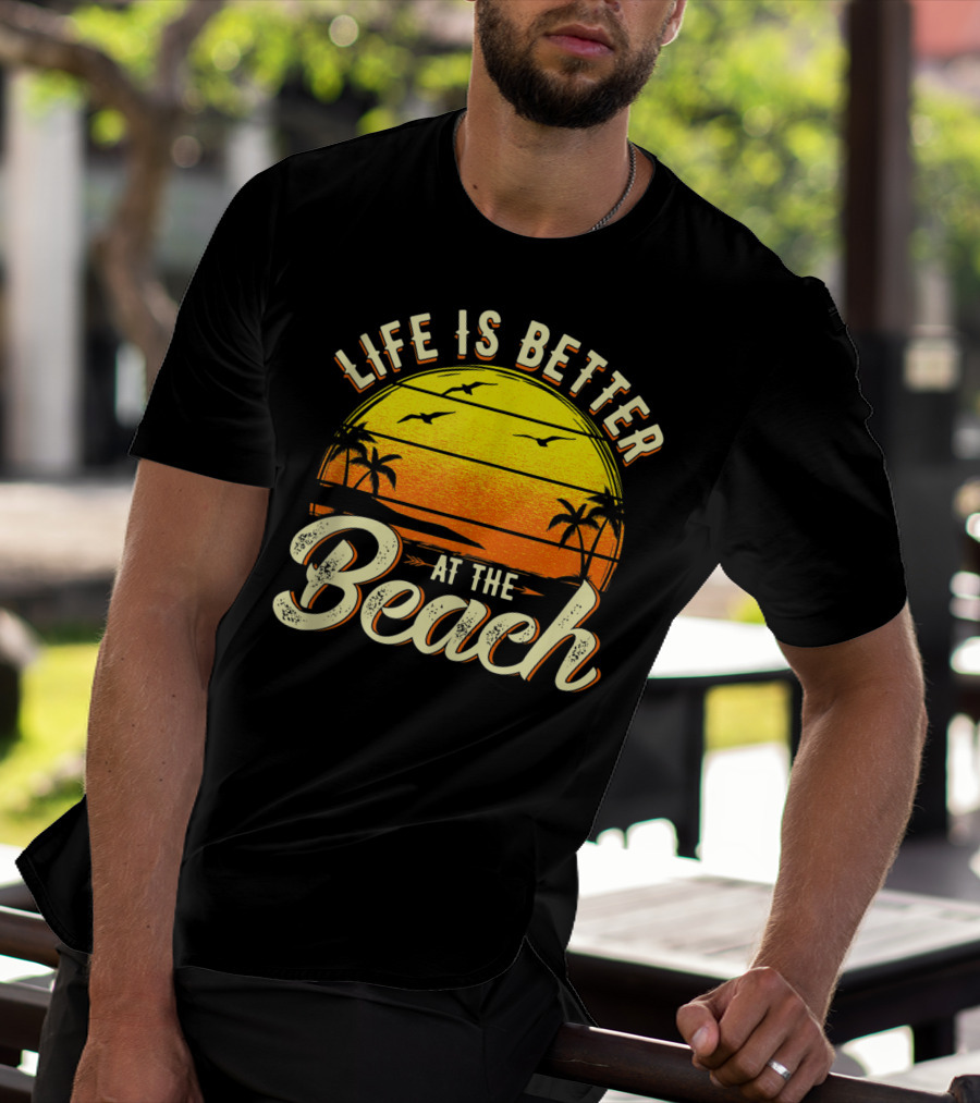 Life Is Better At The Beach Tropical Sunset With Palm Trees And Seagulls T-Shirt