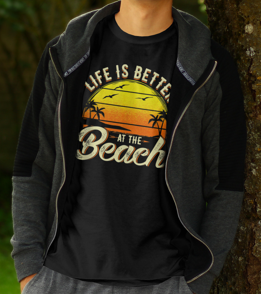 Life Is Better At The Beach Tropical Sunset With Palm Trees And Seagulls T-Shirt