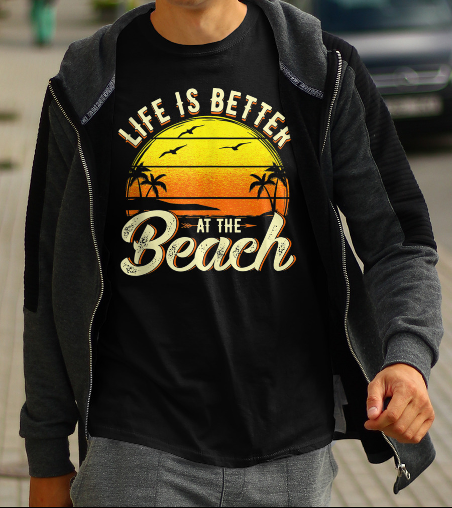 Life Is Better At The Beach Tropical Sunset With Palm Trees And Seagulls T-Shirt