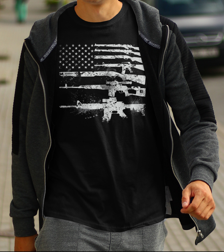 USA Flag Made Of Rifles Guns Weapons Military 2A Stripes T-Shirt