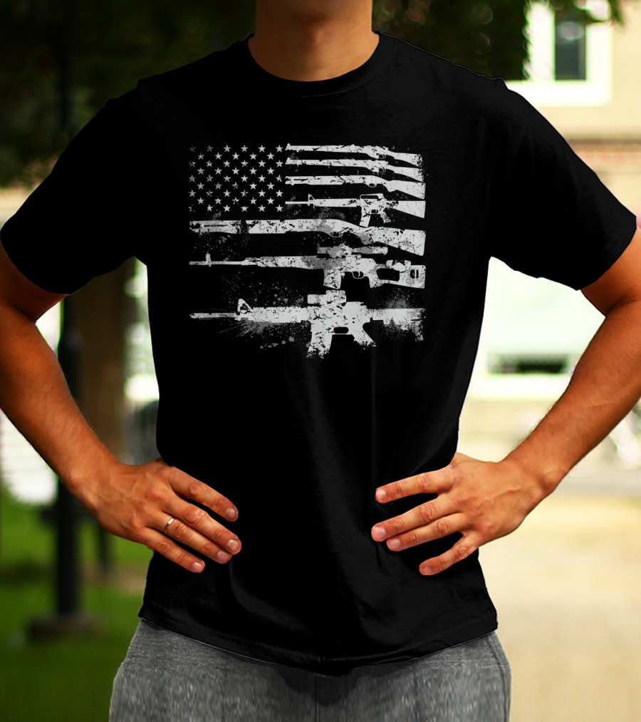 USA Flag Made Of Rifles Guns Weapons Military 2A Stripes T-Shirt