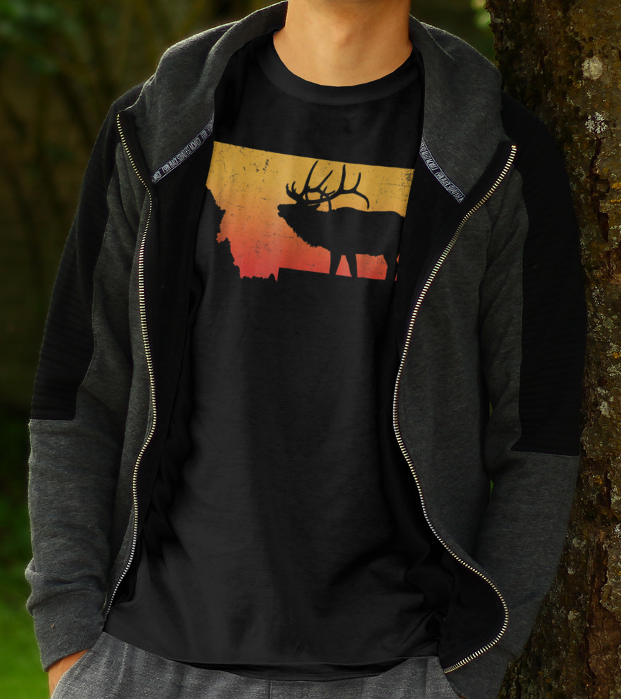 Montana Elk Silhouette Vintage Outdoors Sunset Scene T-Shirt
