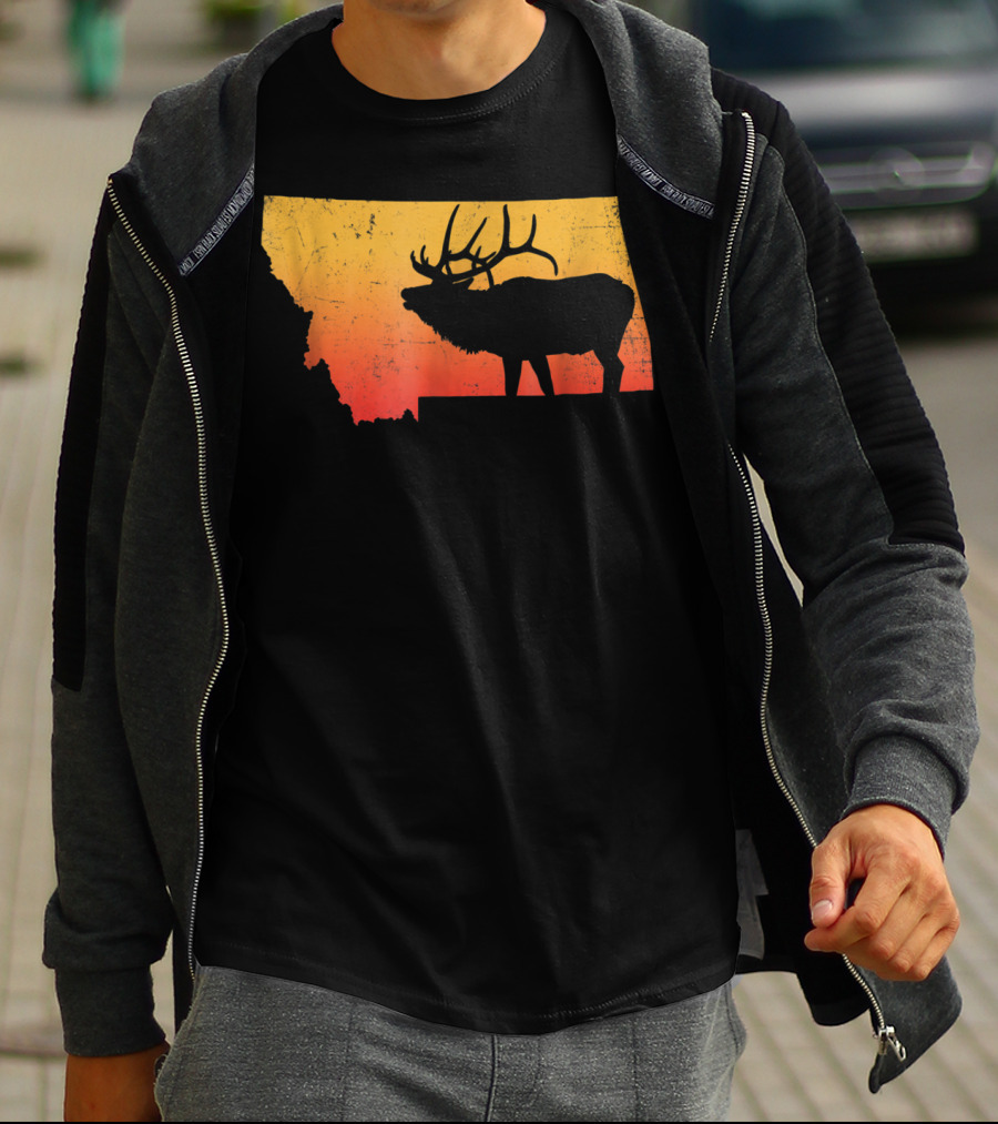 Montana Elk Silhouette Vintage Outdoors Sunset Scene T-Shirt