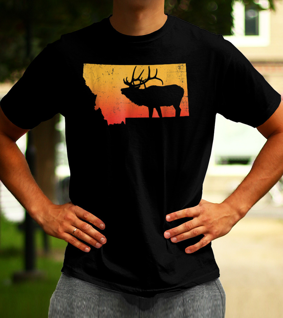 Montana Elk Silhouette Vintage Outdoors Sunset Scene T-Shirt