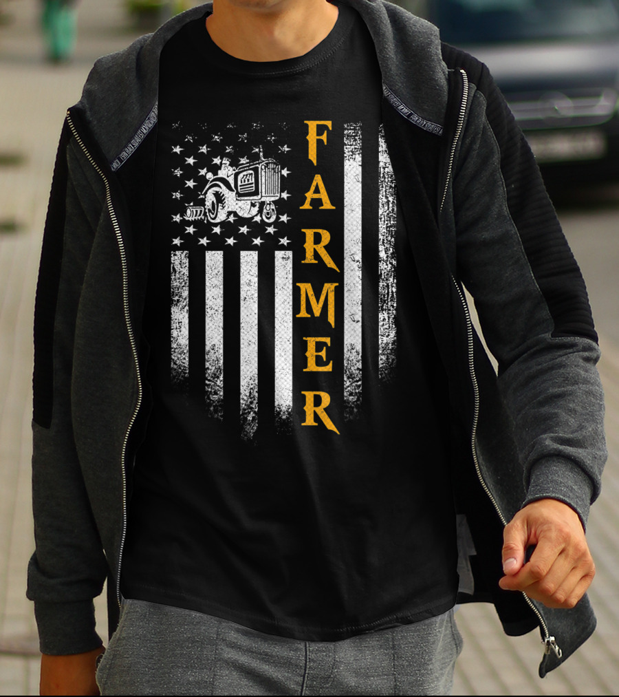 Farmer American Flag Vintage Tractor USA Farming T-Shirt