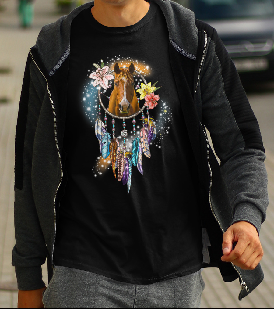 Horse Dreamcatcher Floral Feathers Sparkle T-Shirt