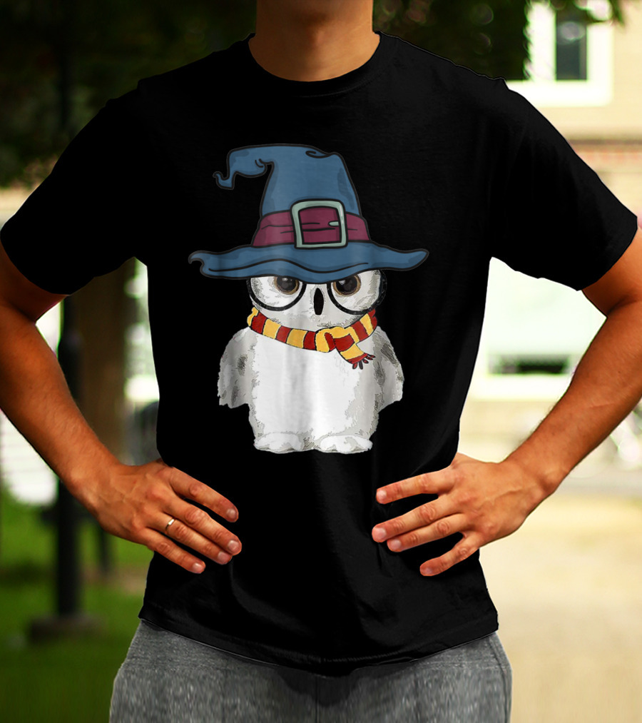 Cute Owl Wizard Hat With Striped Scarf T-Shirt